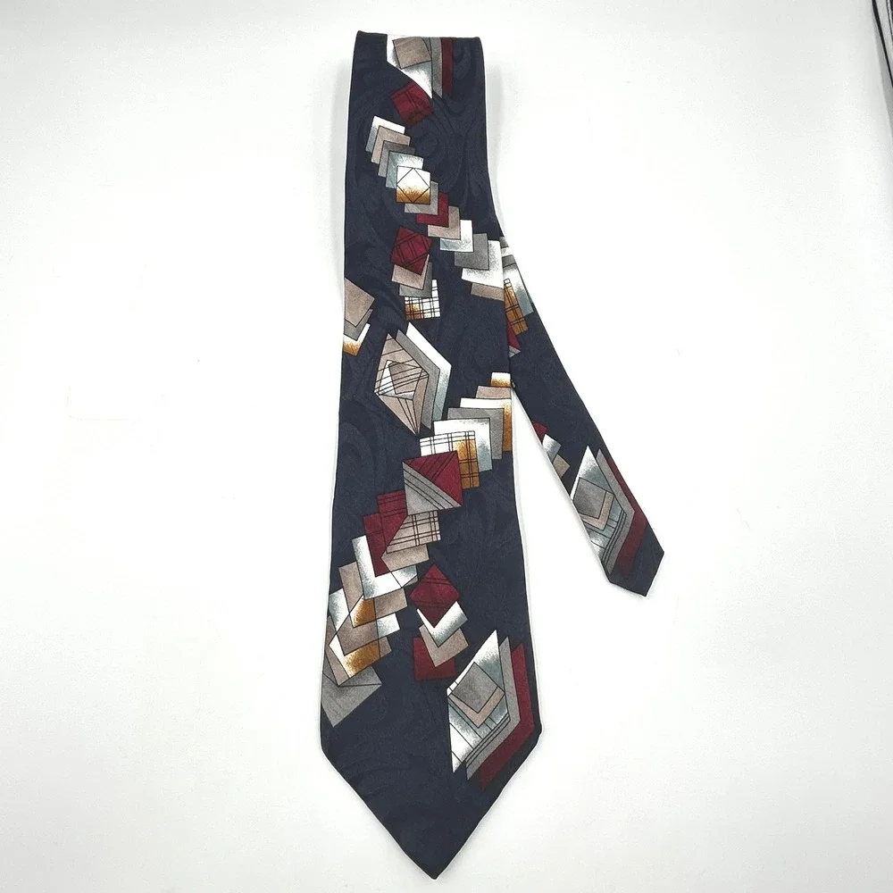 Signature Collection Necktie Navy Blue Mens Geometric Abstract Silk EUC 4